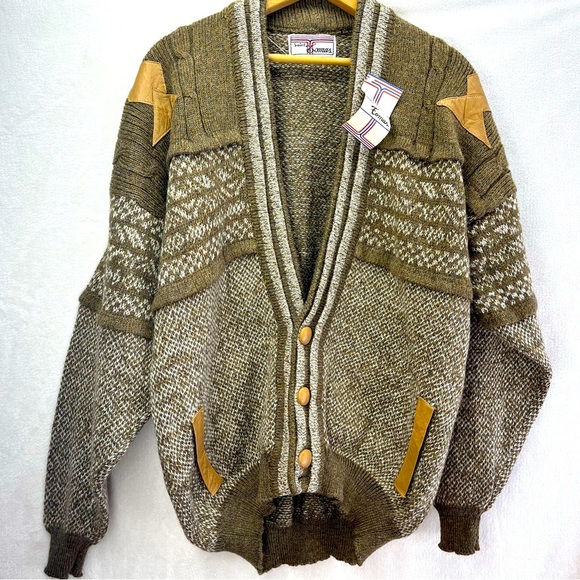 NOS Vintage 80’s Saint Tomas Leather Trimmed Patchwork Geometric Men Cardigan L - Picture 1 of 10